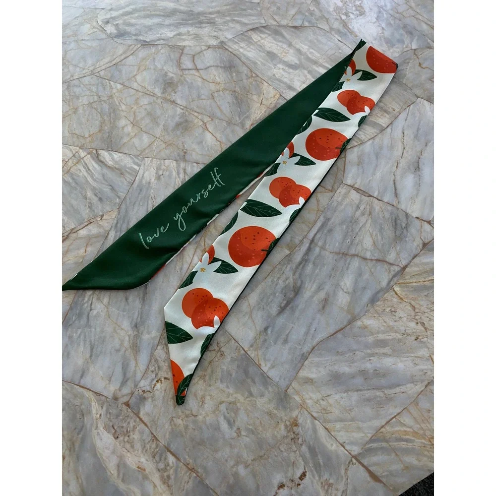 Orange Citrus Floral Love Yourself Green Skinny Scarf Twilly Bag Accessory